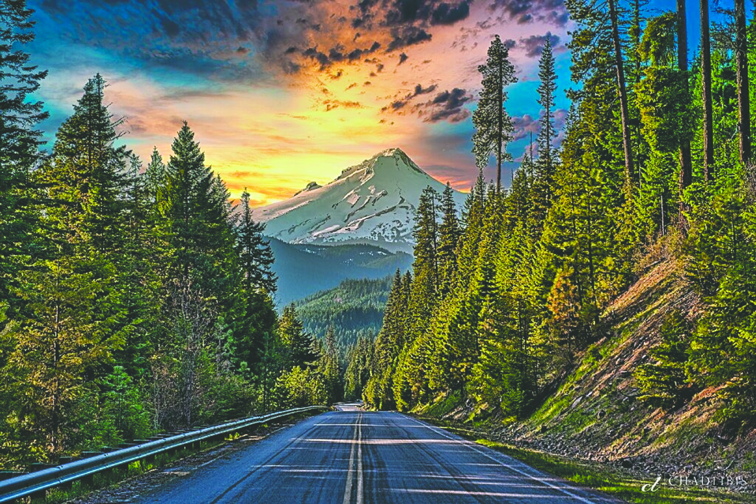 a vivid painting of a forested road leading up to a sunset over mount hood