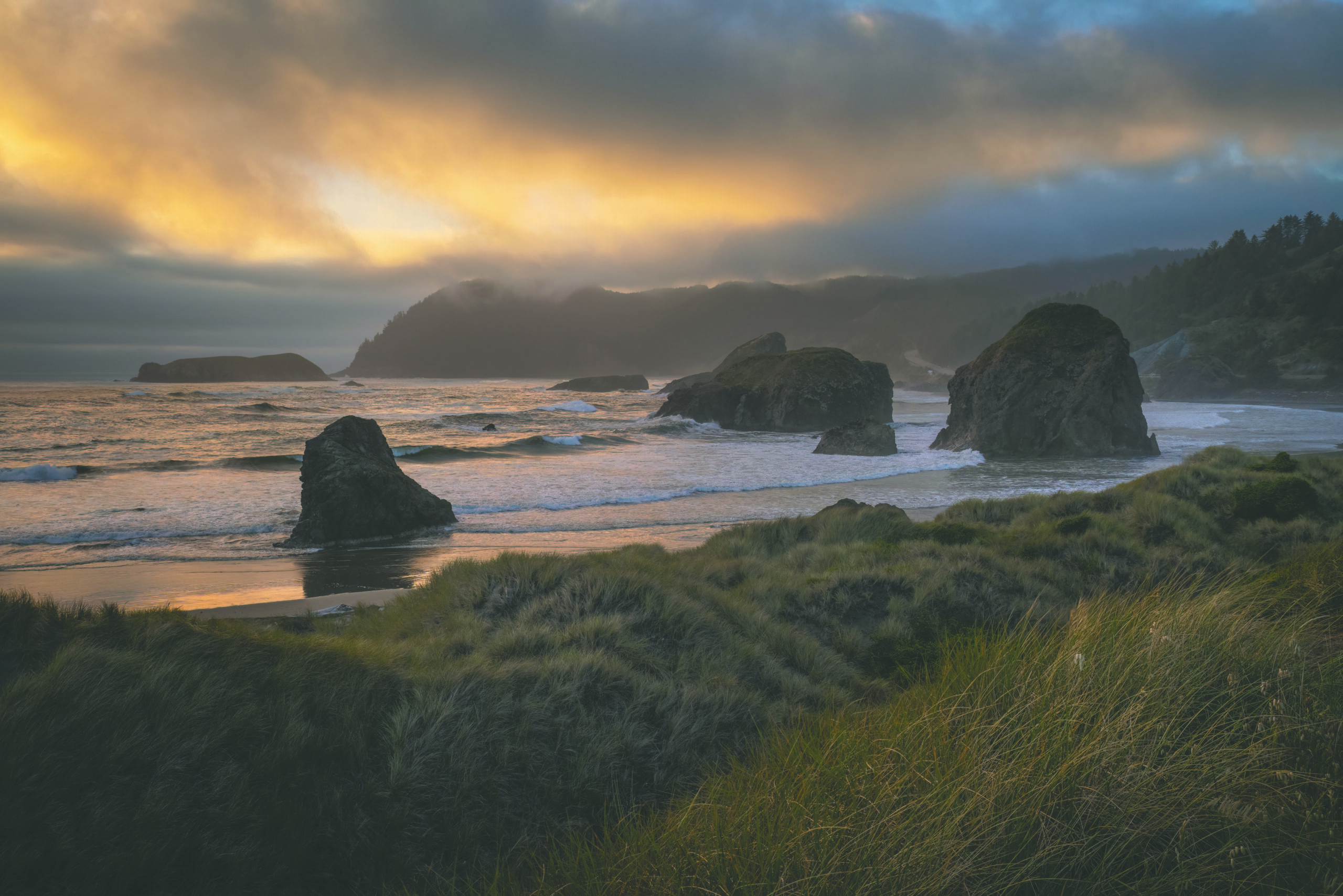 a misty shore line in the sun rise