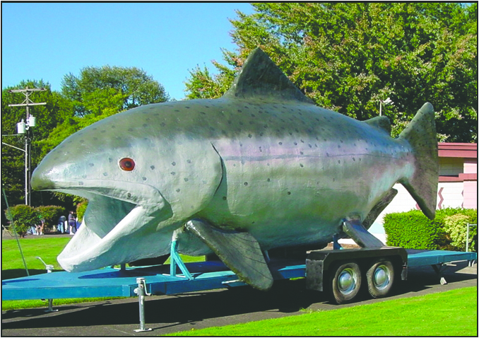 A large fish sculpture built on a trailer