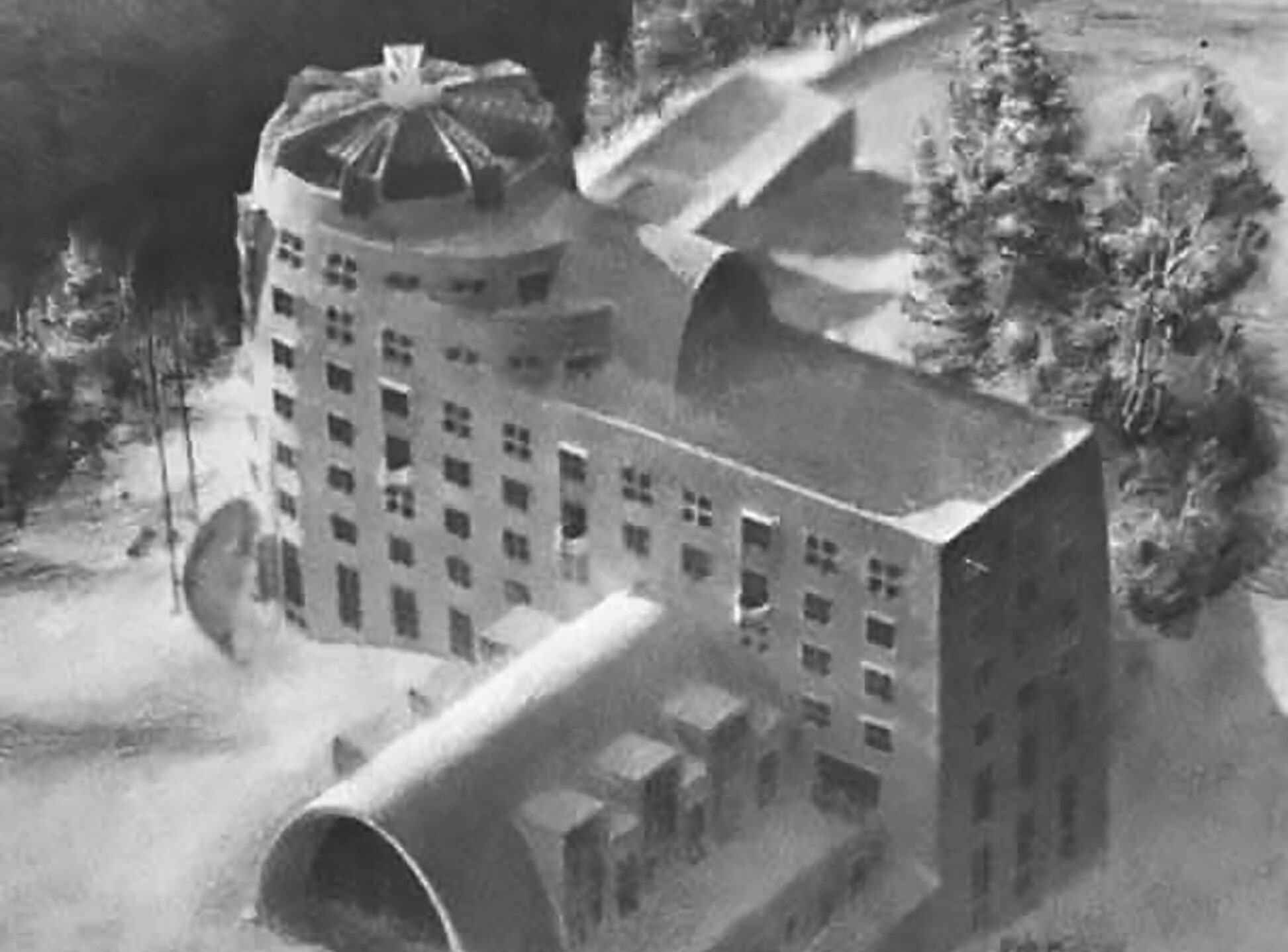 A black in white photo of plans for the lodge