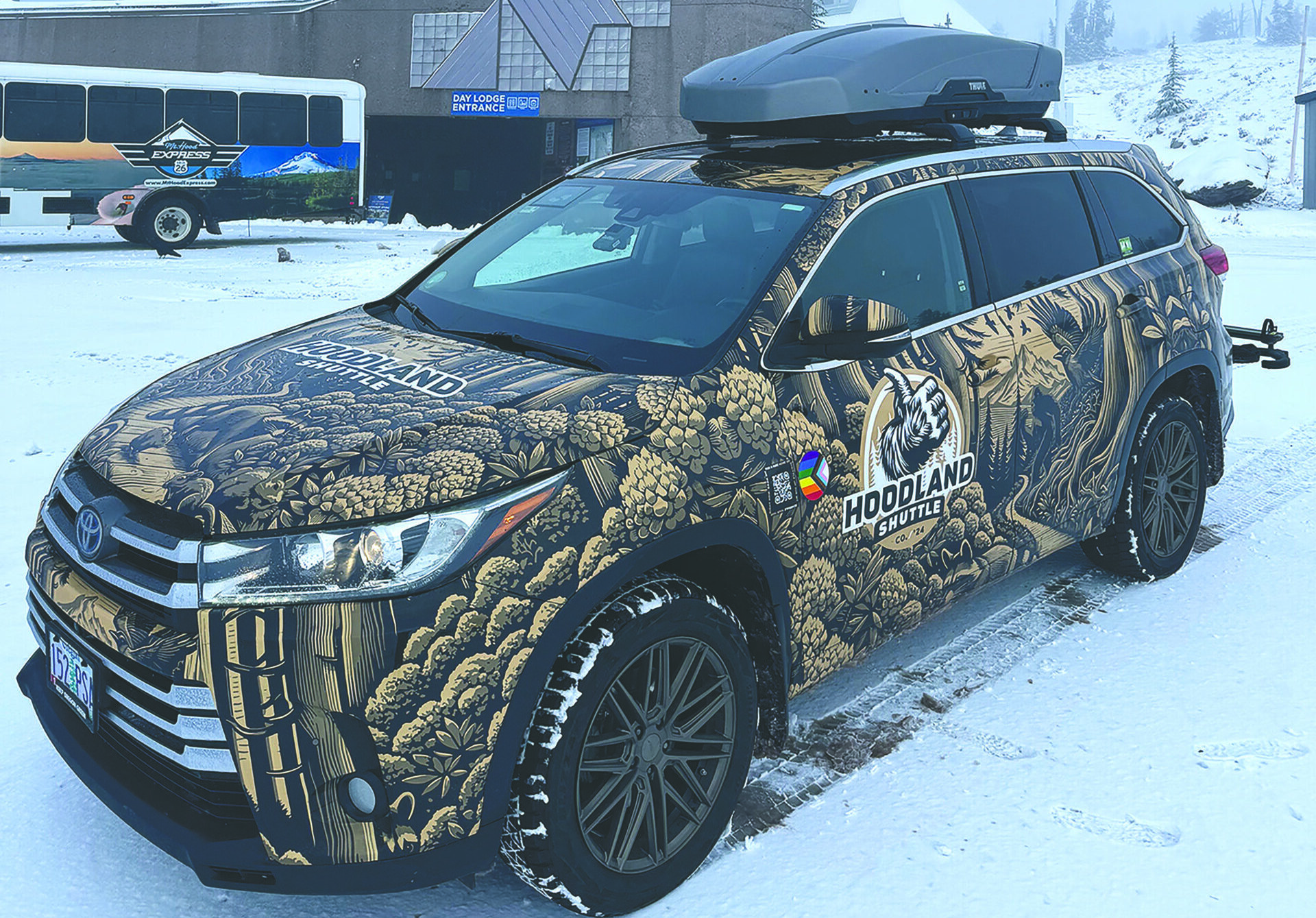 The Hoodland shuttle car on a snowy road