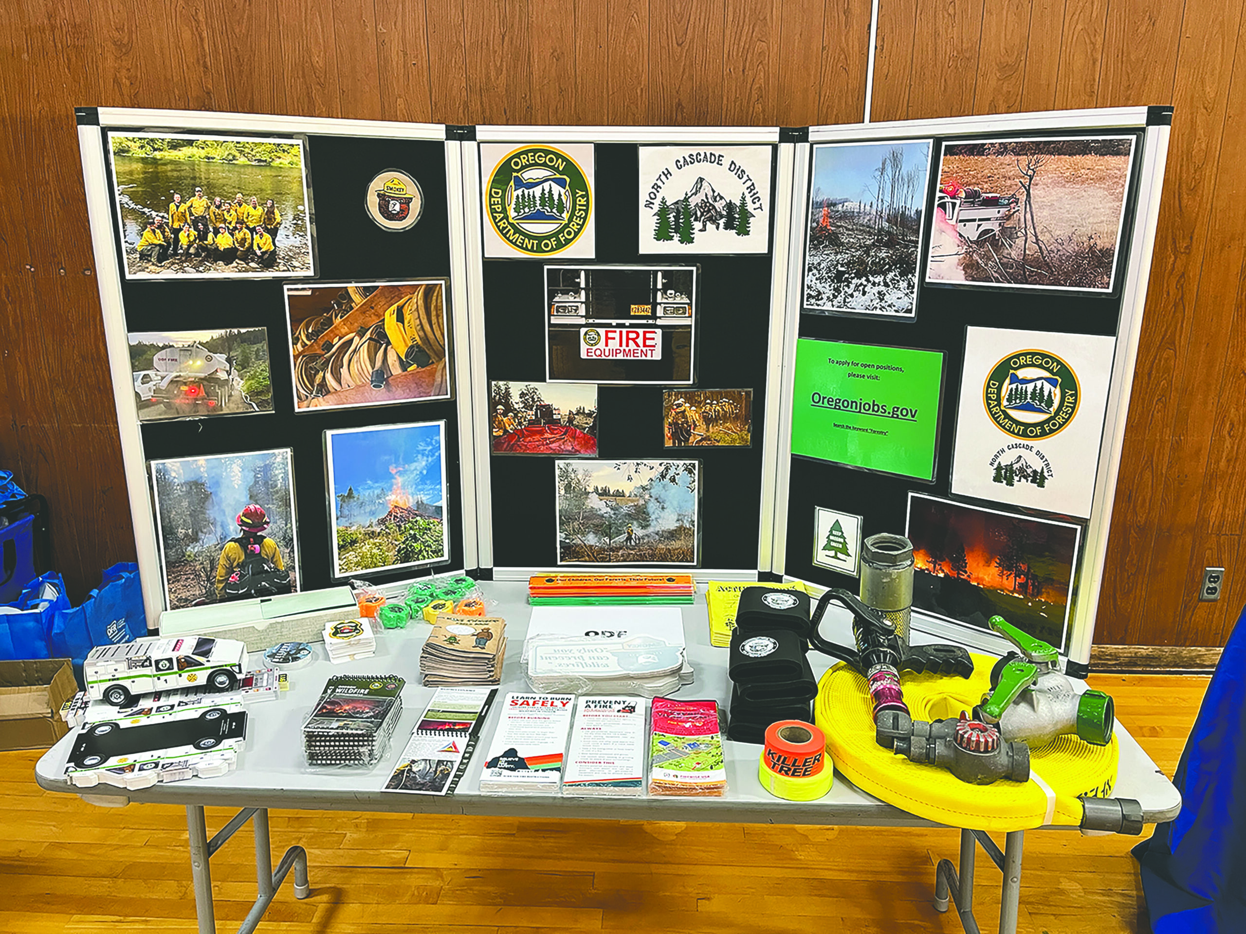 Table display of fire safety information and supplies